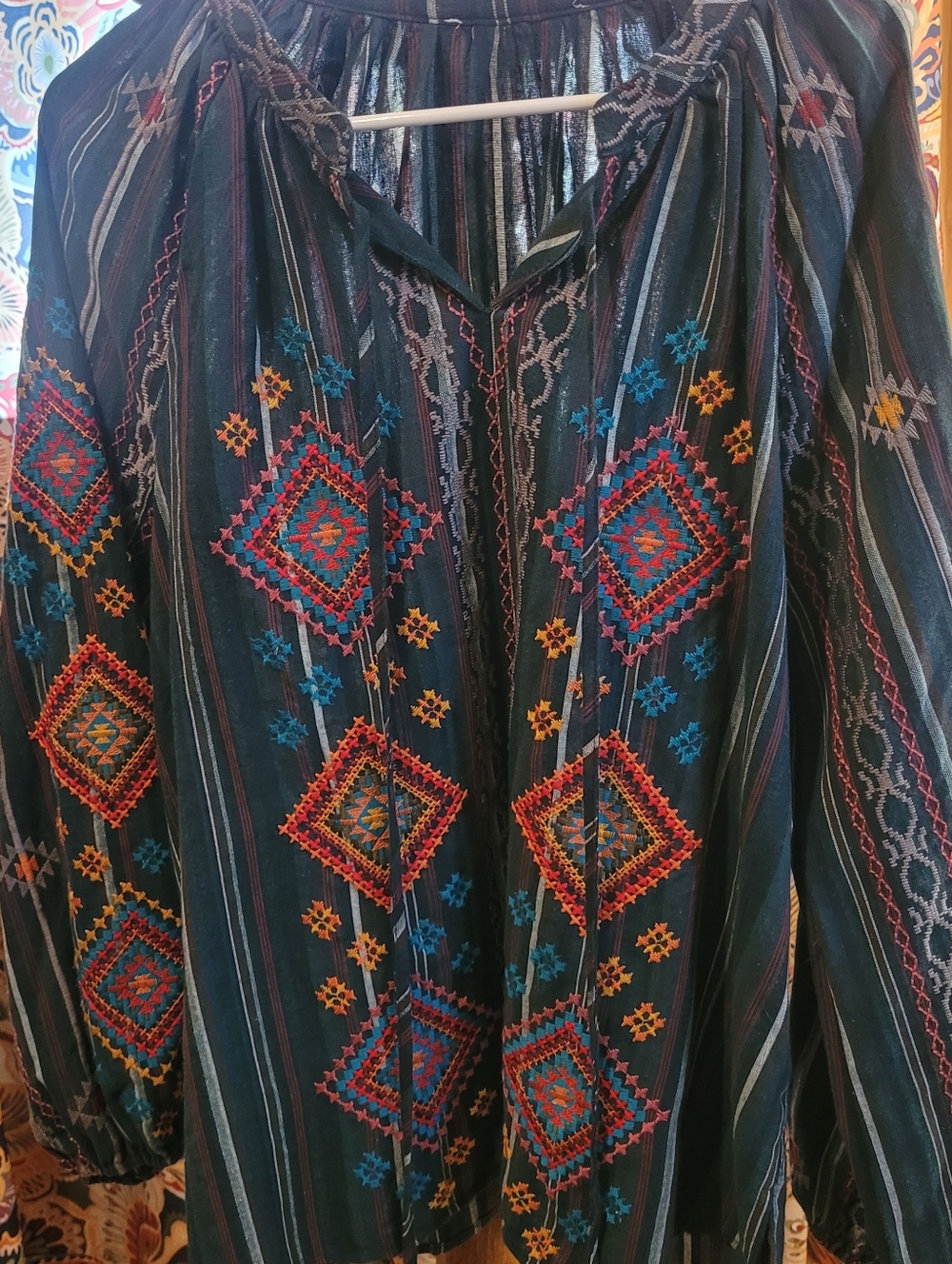 Embroidered Boho Tunic in Teal, Red & Yellow, Medium - Picture 3 of 9